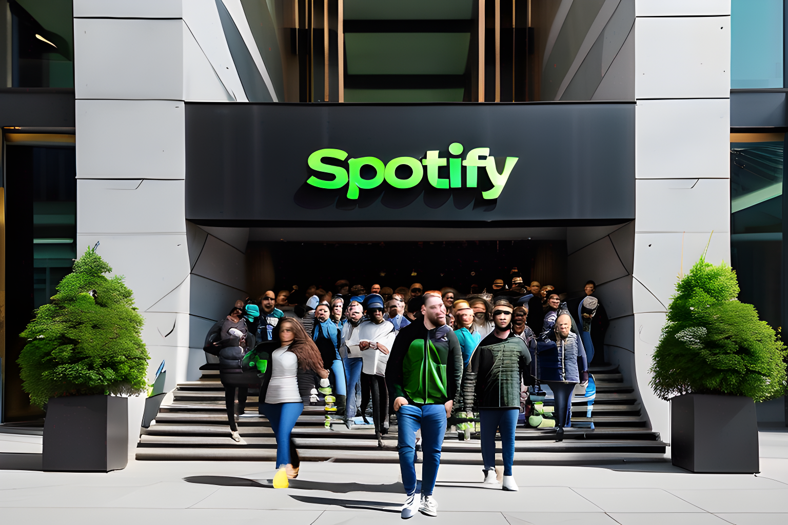 A large group of people walking out of the spotify headquaters (use logo only)