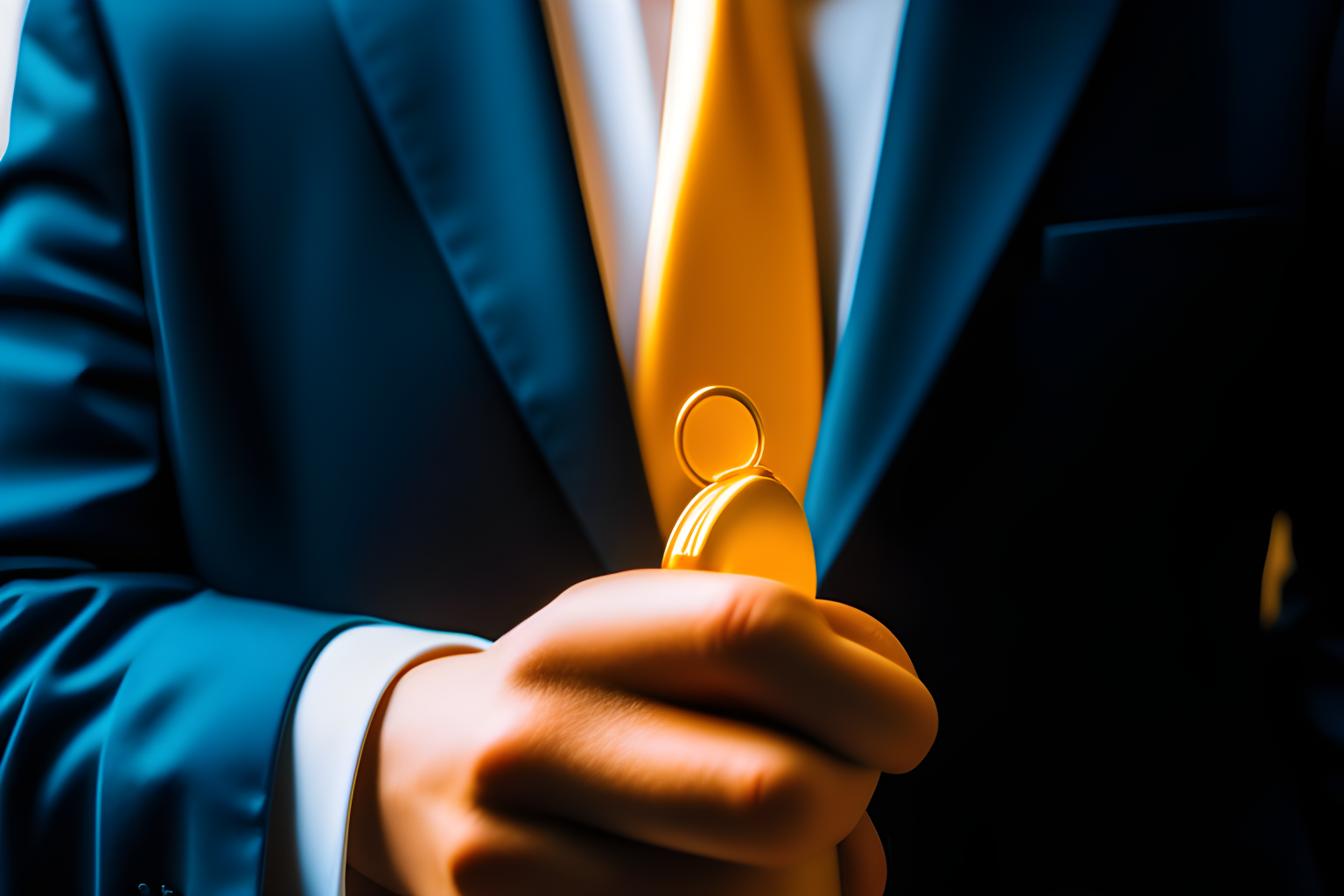 a lawyer pulling out a gold statue from his pocket