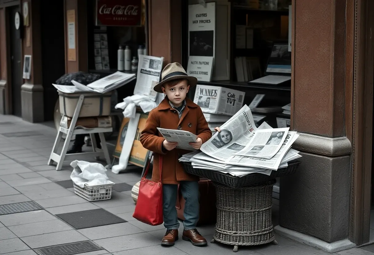 a little boy selling newspapers in the street old fashioned