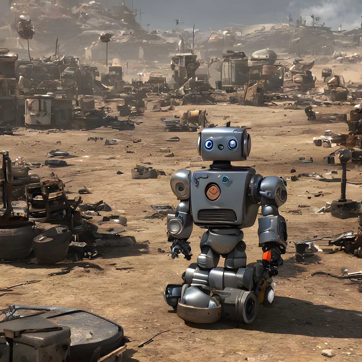 a little robot in a wasteland in the future