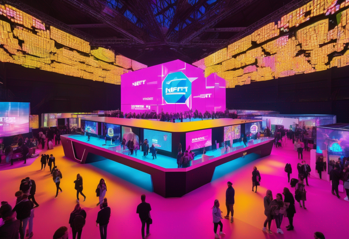 A lively exhibition hall at NFT Paris 2025 in La Grande Halle de la Villette, with a large glowing NFT Paris logo as centerpiece, filled with pixelated attendees interacting at colorful booths in cyan and magenta and yellow lights. The entire scene is rendered in retro 16-bit video game style with v