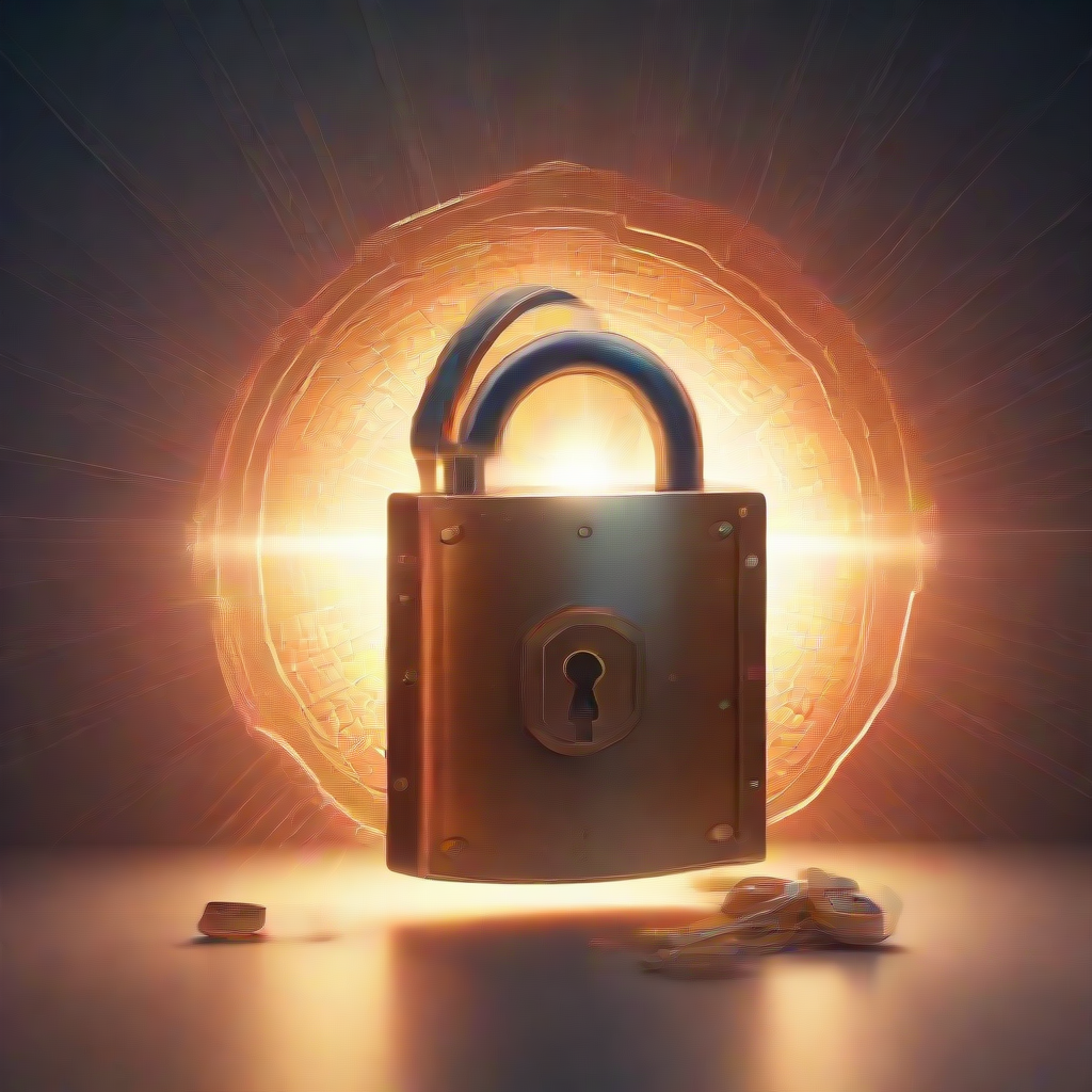 a lock made of crypto coins, and a large key is entering the lock and emitting rays of light