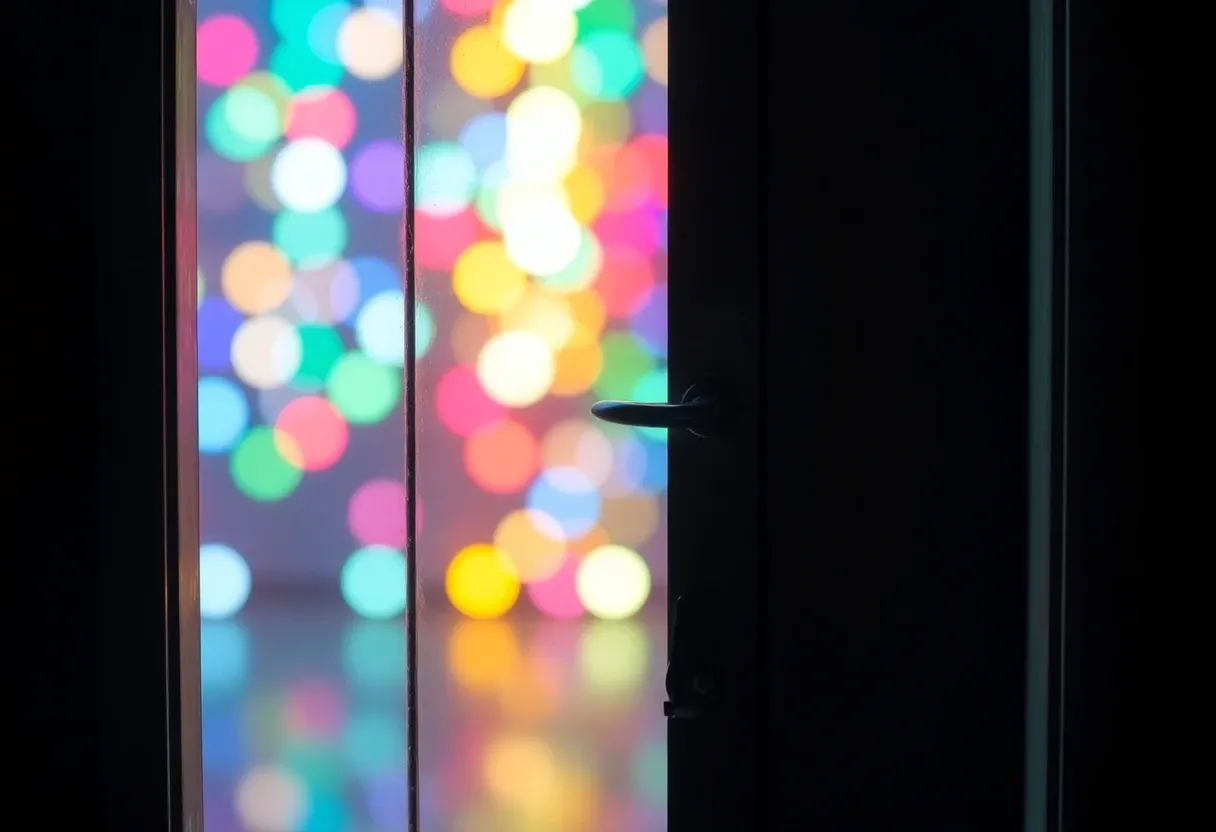 a locked door with bright colorful lights behind it
