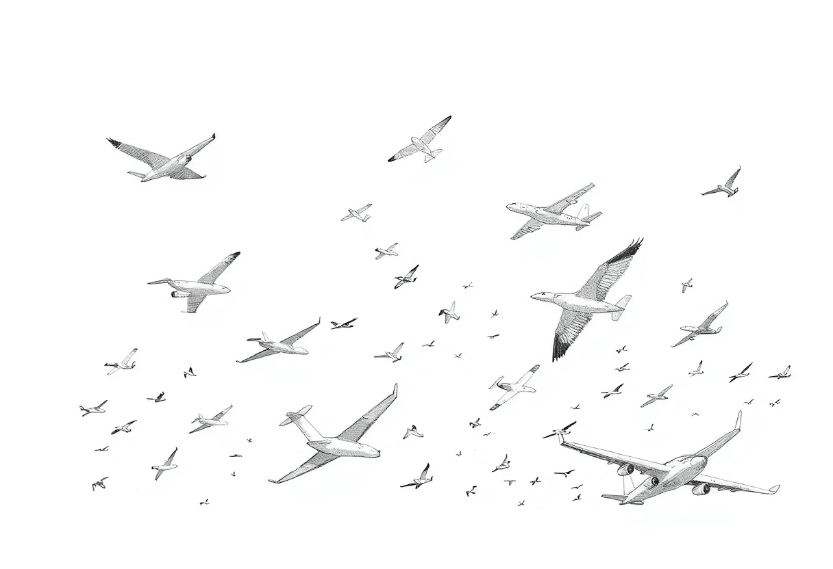 a lot of birds and planes taking flight sketch artstyle