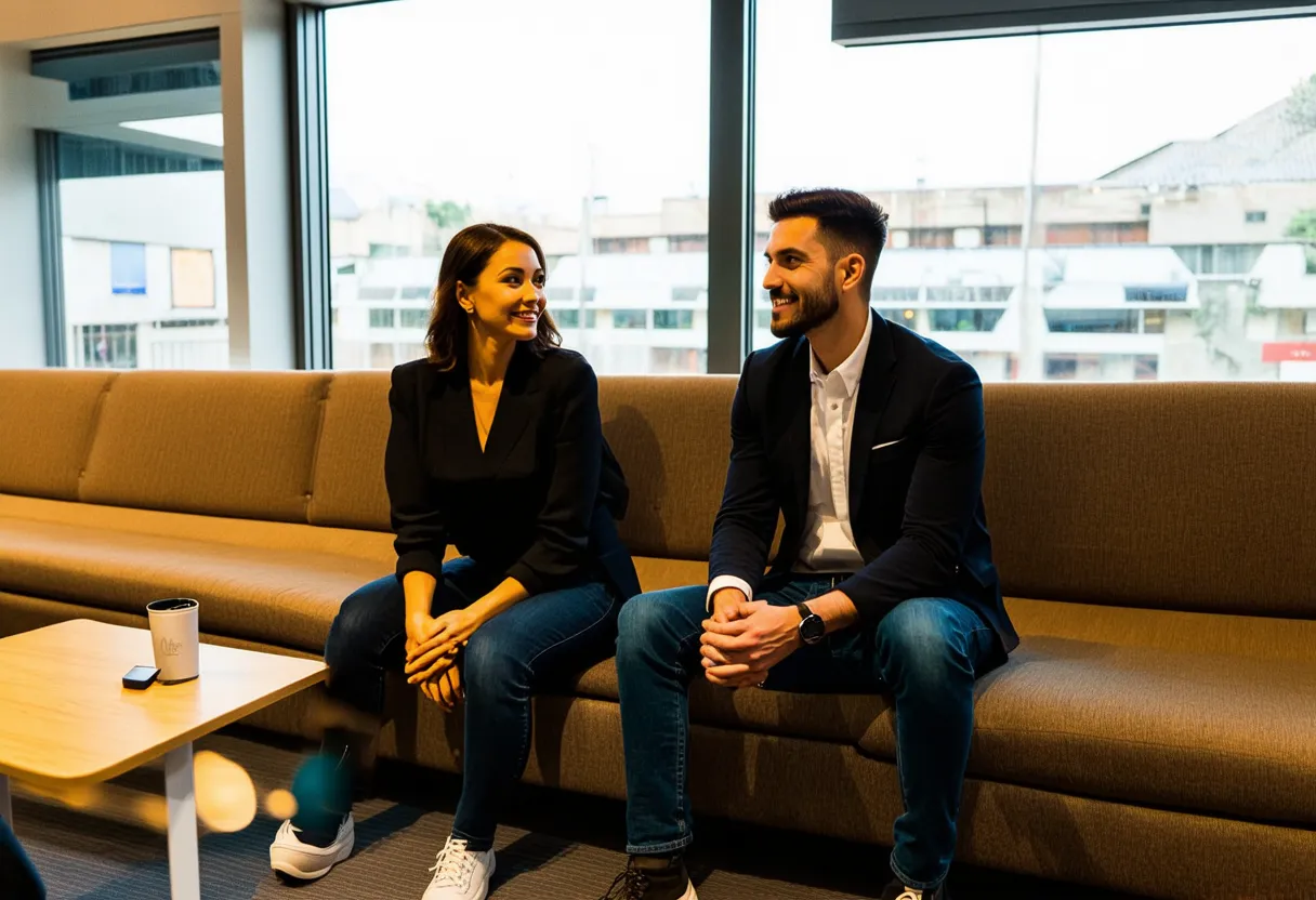 a man and woman in a waiting room