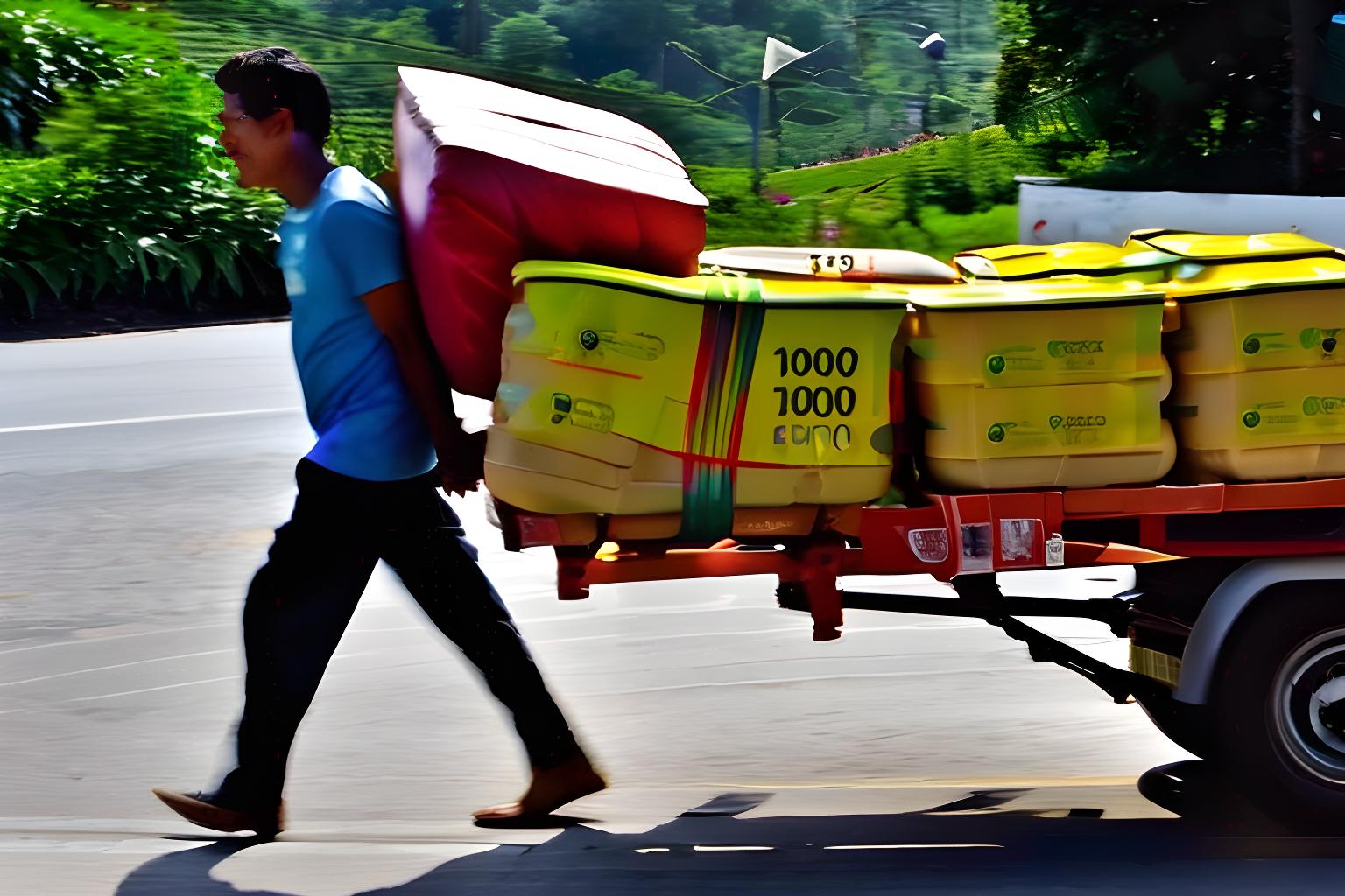 a man carrying a heavy load on his bac