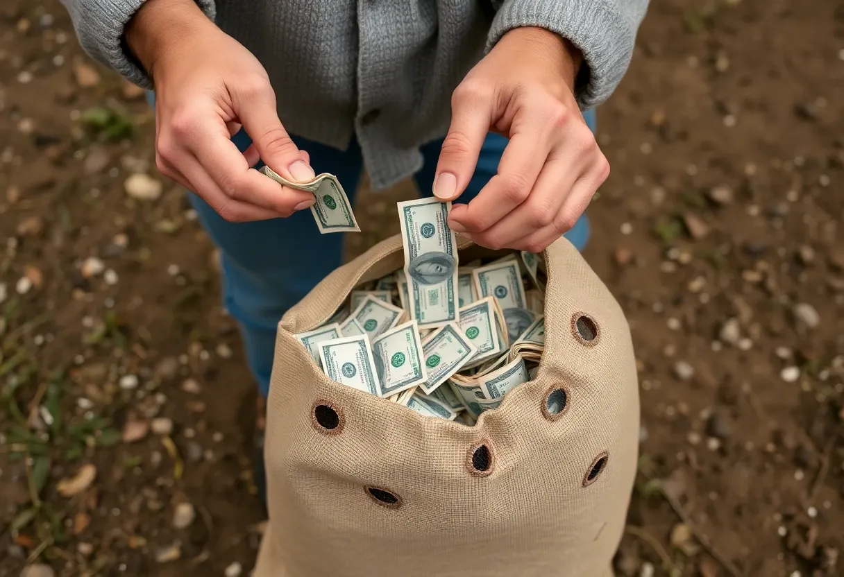 A man gathering money into a bag with holes