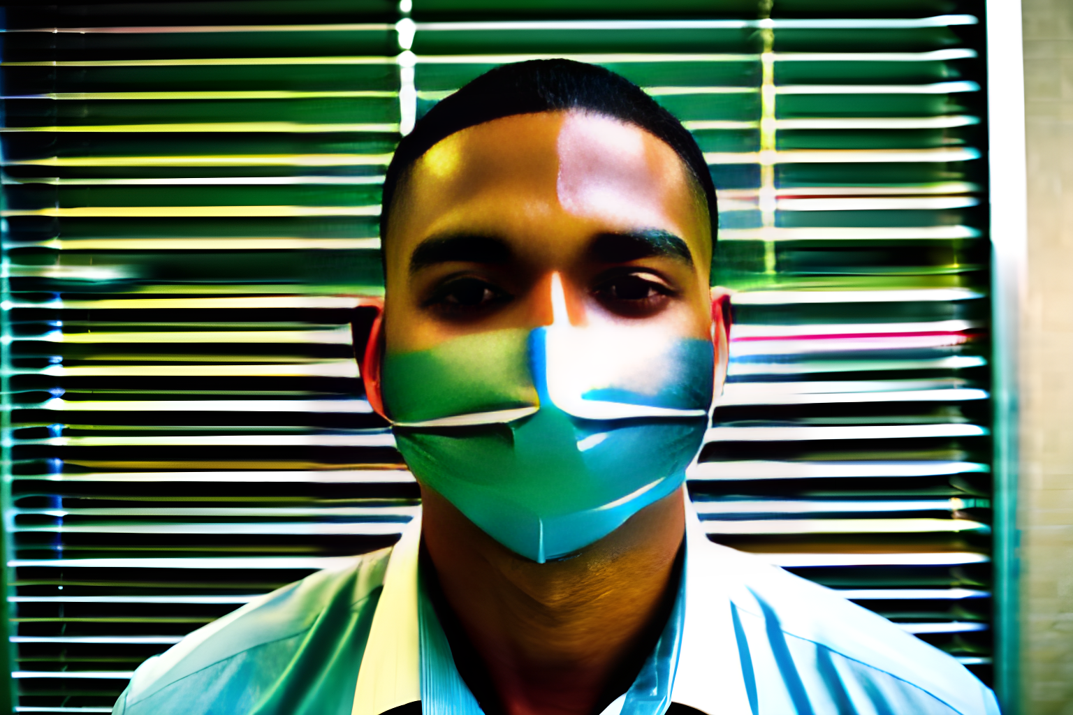 a man, his mouth taped shut with duct tape.