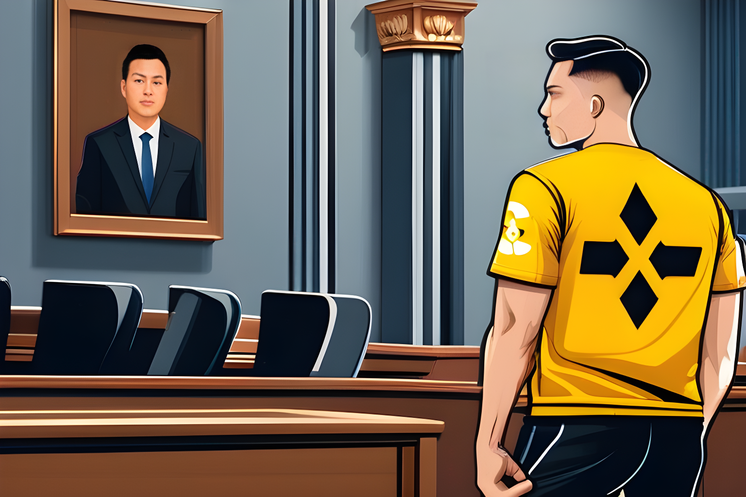 A man in a binance t-shirt in a courtroom