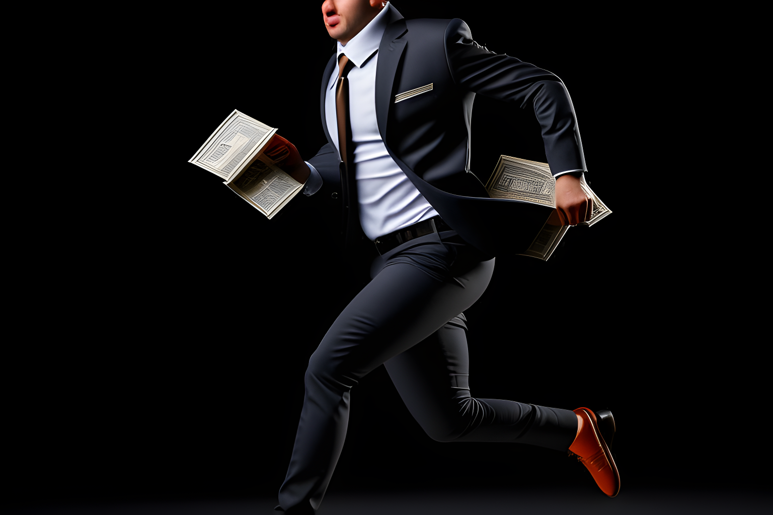 a man in a suit running away with a bag full of cash