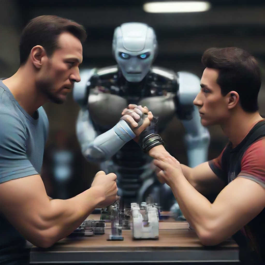 a man in an arm wrestling contest with a humanoid robot