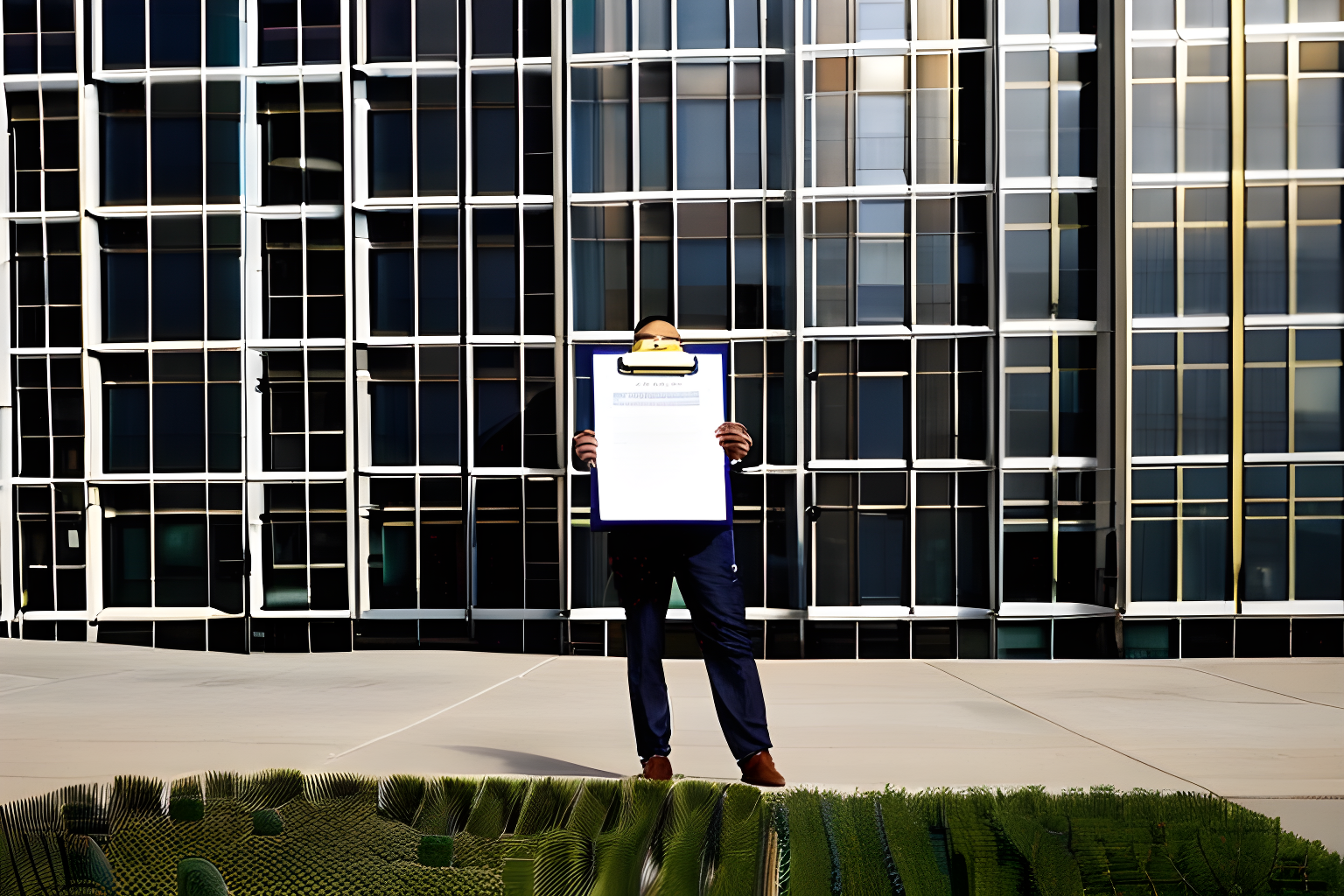 a man in front of apple inc.'s head quarters with a sheet of paper titled "search warrant"