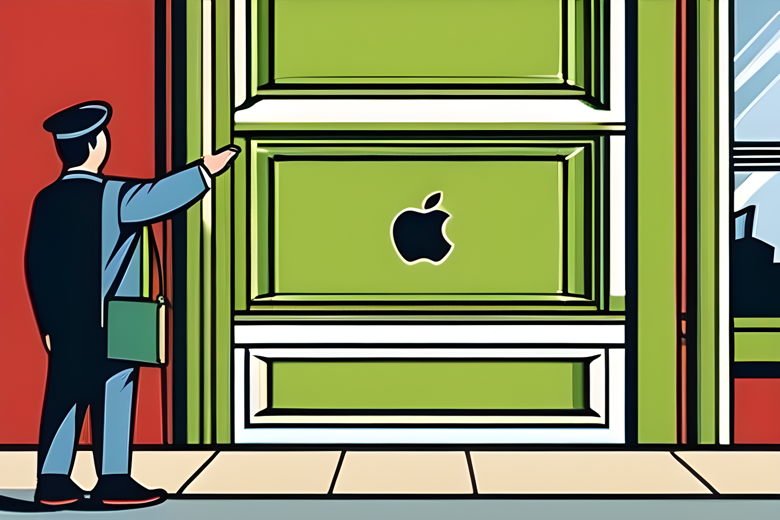 A man knocking on a door with the apple logo on it