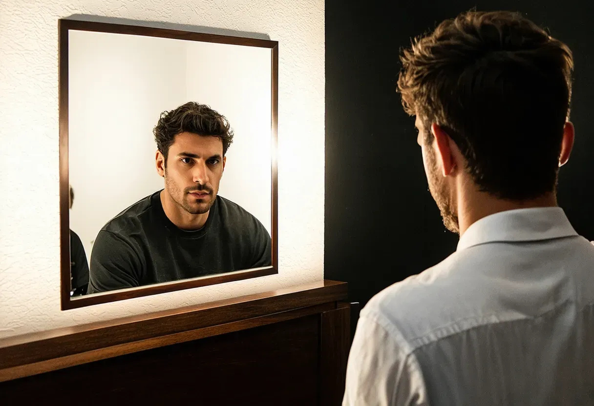 a man looking at a reflection of themselves in the mirror