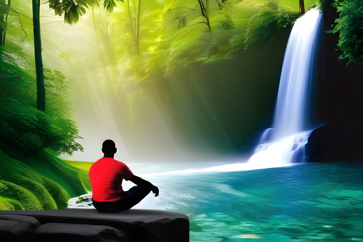 a man sitting cross legged under a waterfall?