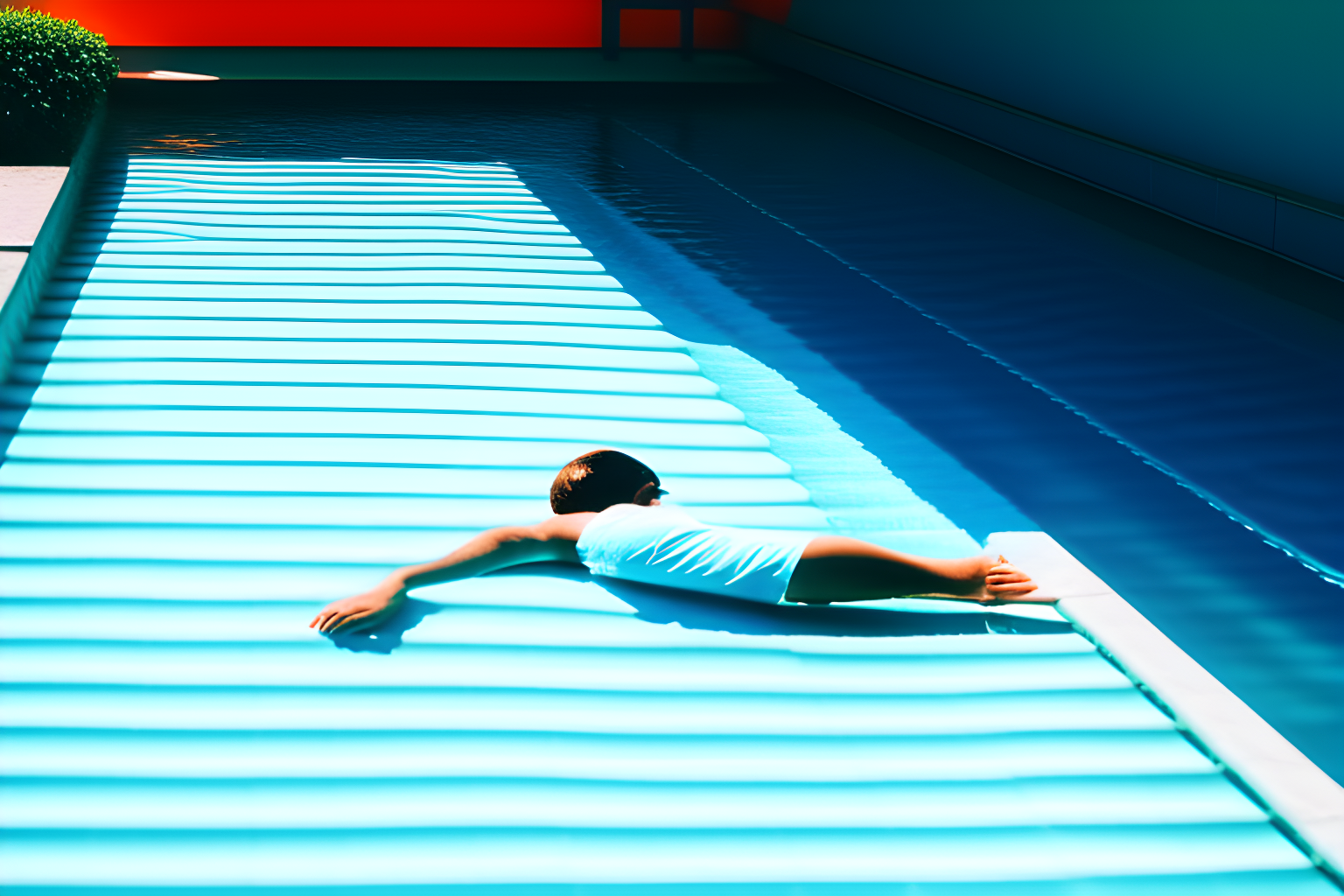 a man slipping besides a sunny pool