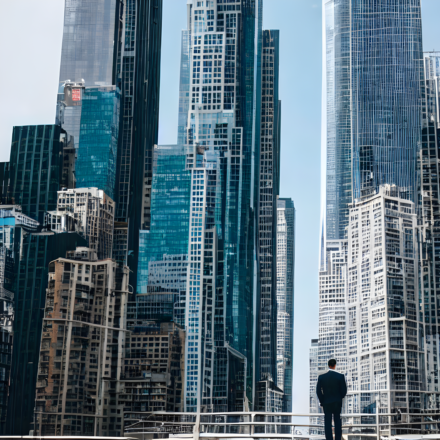 A man standing in the middle of skyscrapers