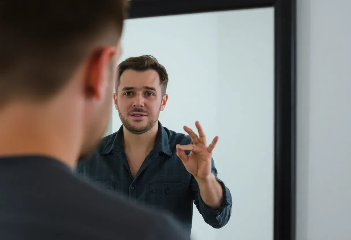 a man talking to his reflection in a mirror