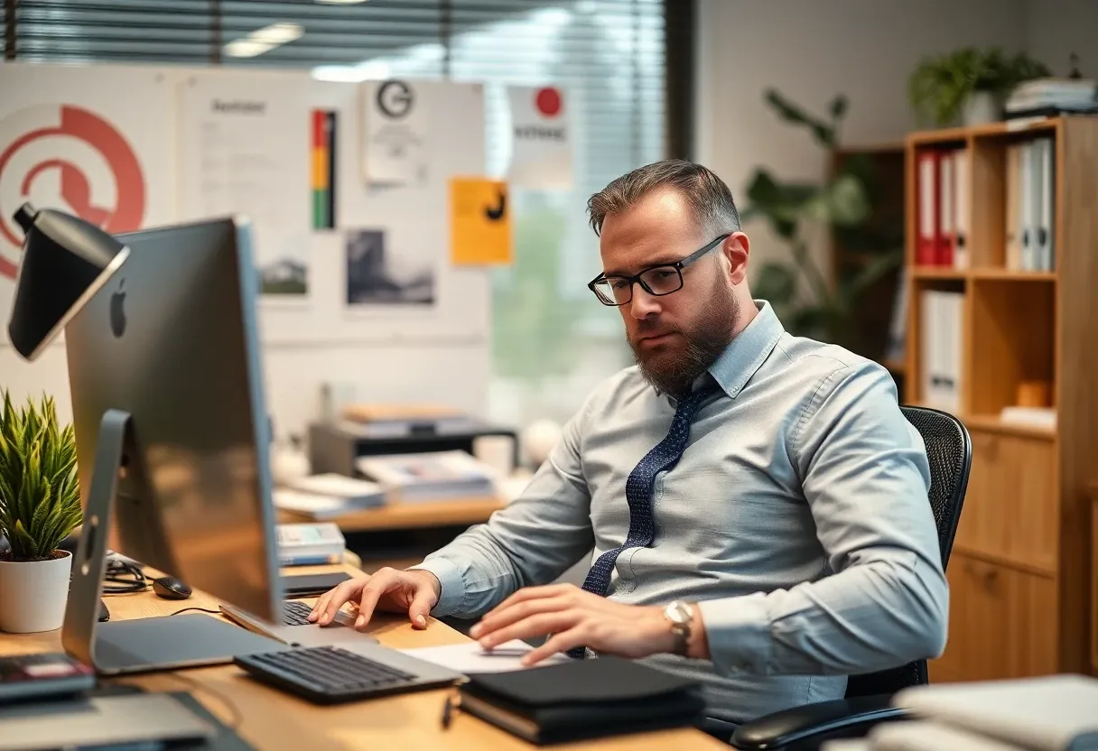 a man tired of working in his office