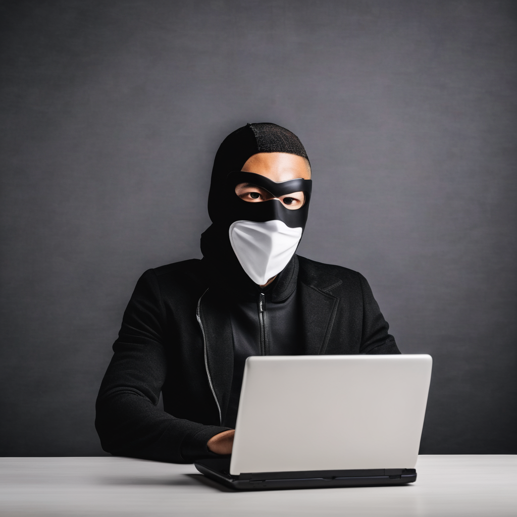 a man wearing a bandit mask and using a laptop