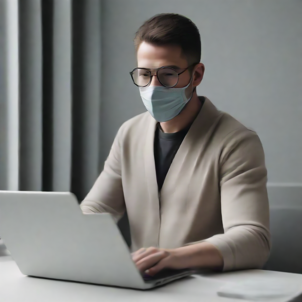 a man wearing a mask and using a laptop