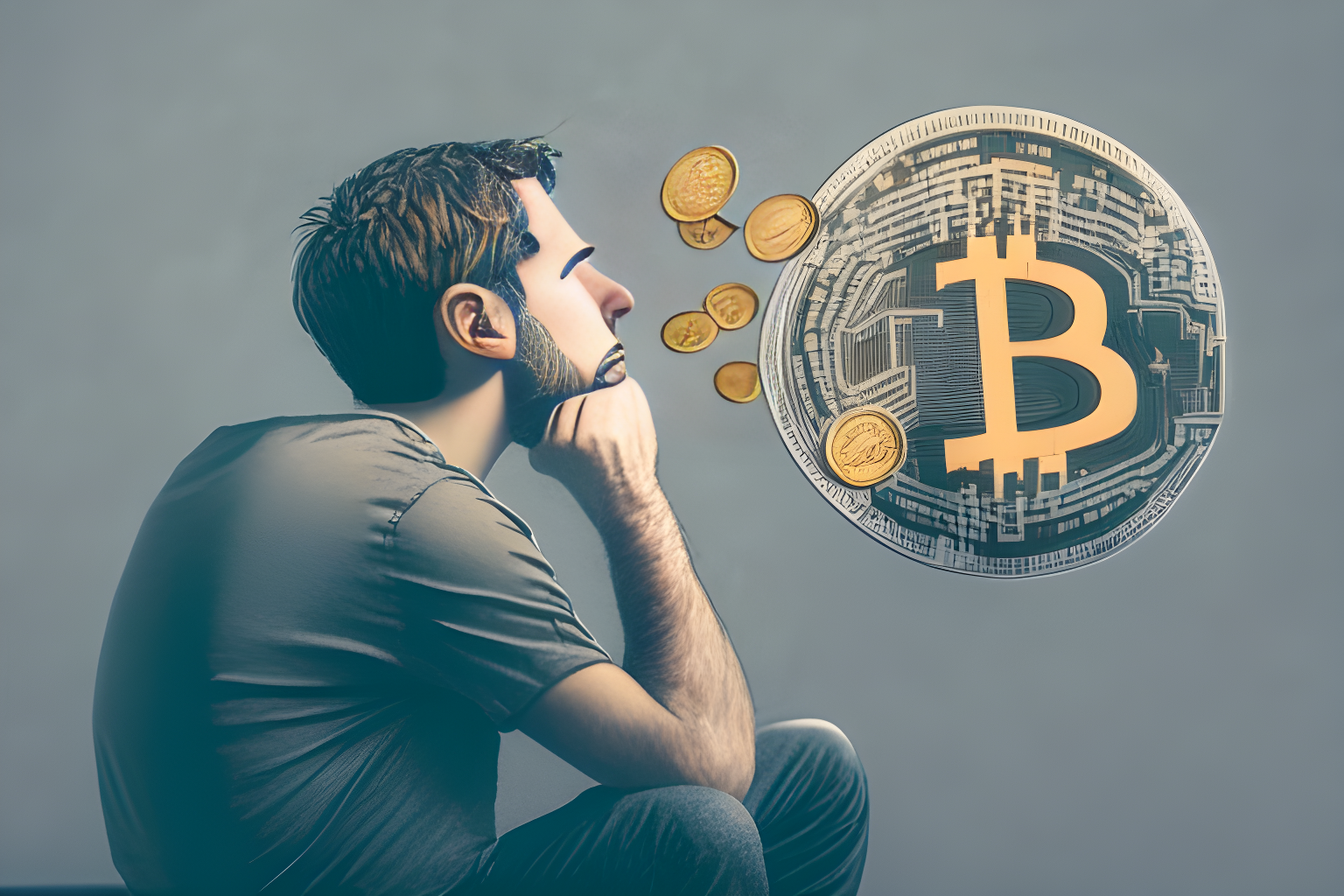 A man with a thought bubble thinking about crypto coins