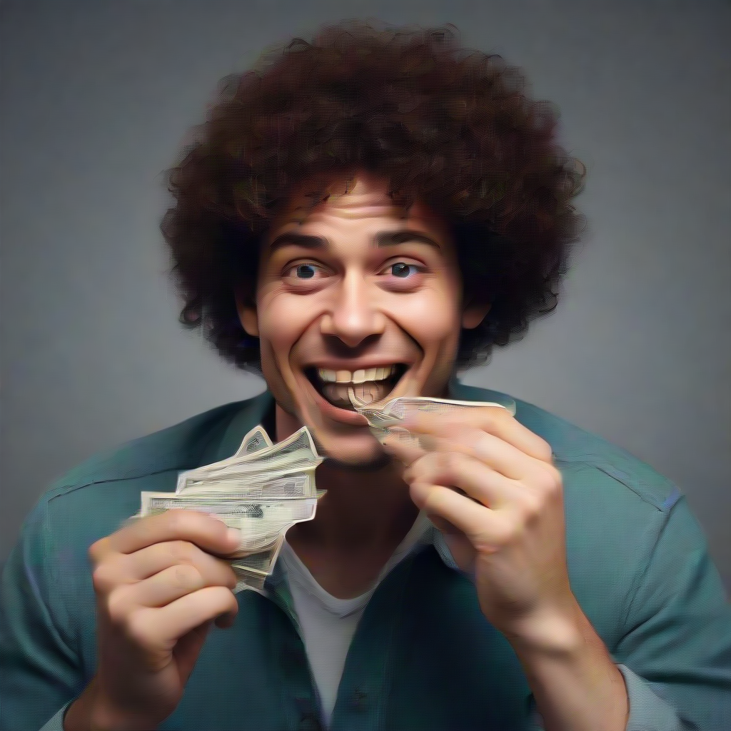 A man with curly hair eating money