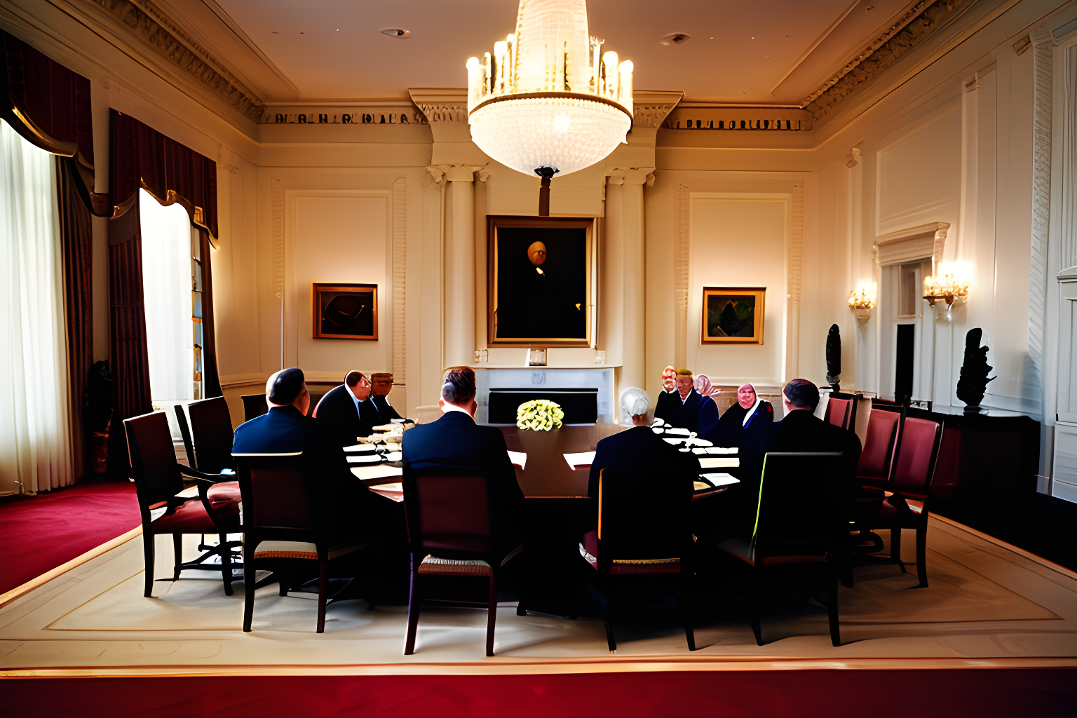 a meeting room, filled with dignitaries, in the United States White house