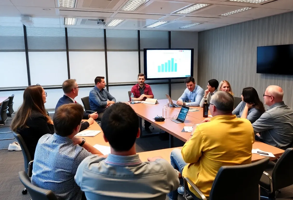 a meeting room with members discussing social media