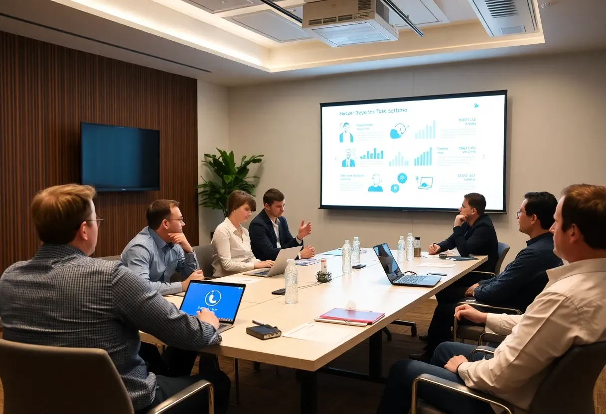 a meeting room with members discussing social media