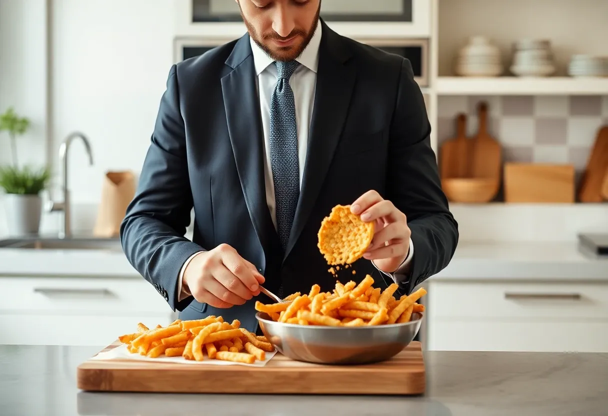 a modern man in a suit making hash browns