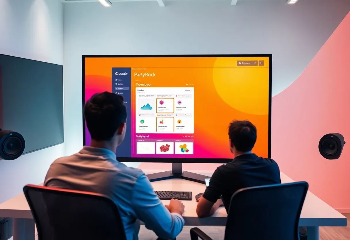 A modern, sleek workspace with a developer sitting in front of a large, high-resolution screen displaying the AWS PartyRock interface. The screen shows few AI-powered widgets and app components being dragged and dropped into place, illustrating the no-code development process. The color scheme shoul