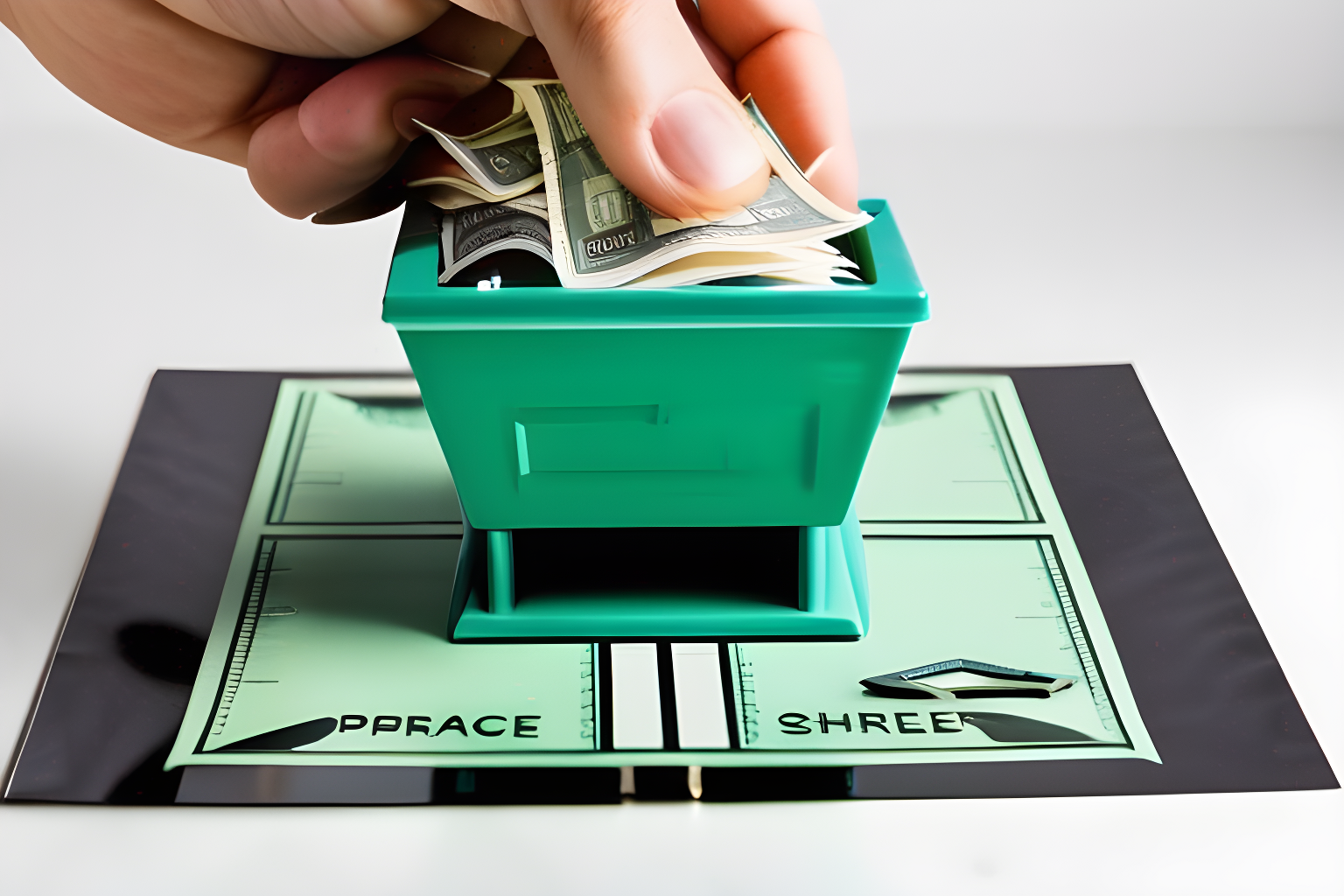 A monopoly board being passed through a paper shredder