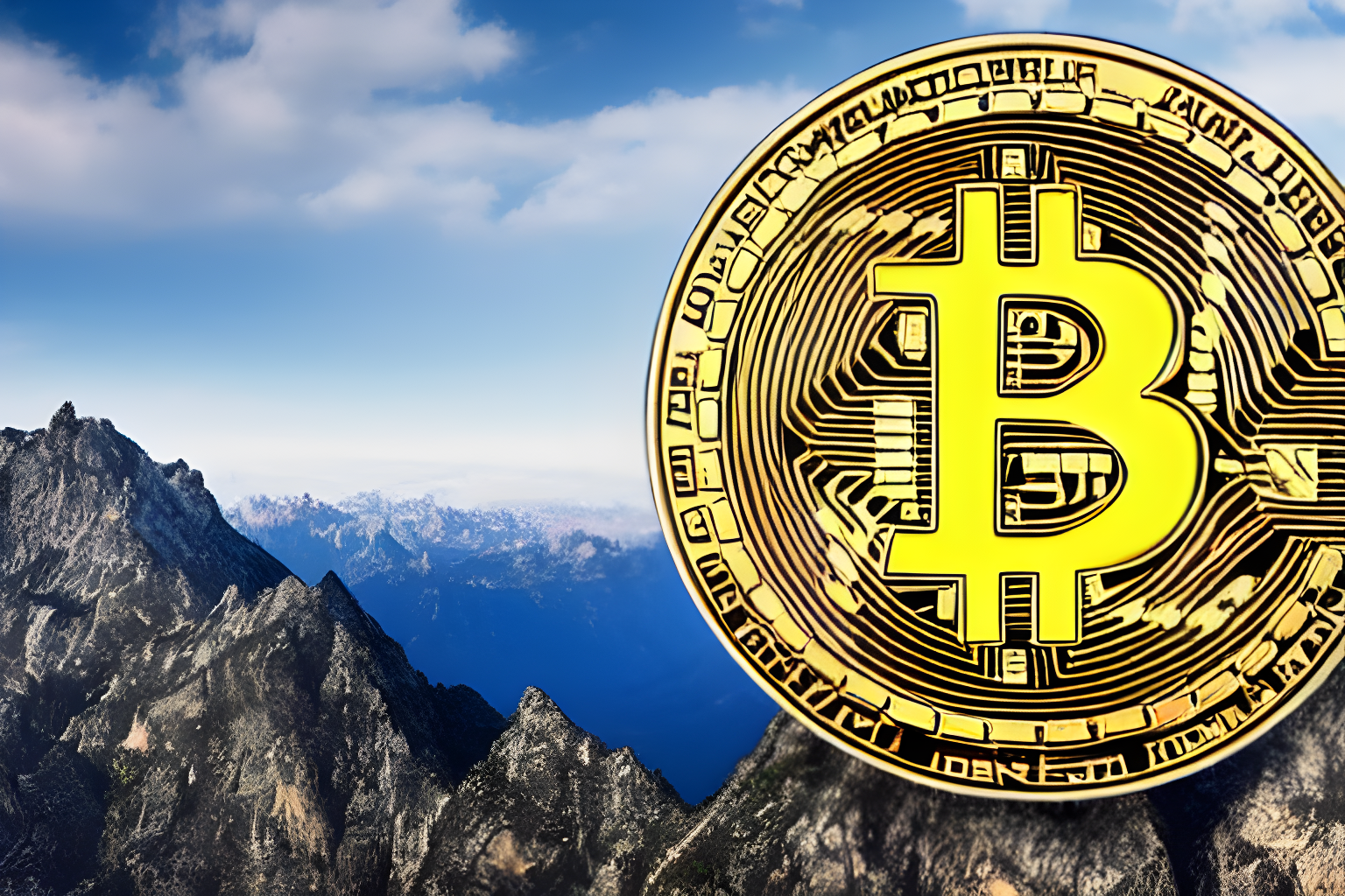 A mountain with a bitcoin coin at the peak