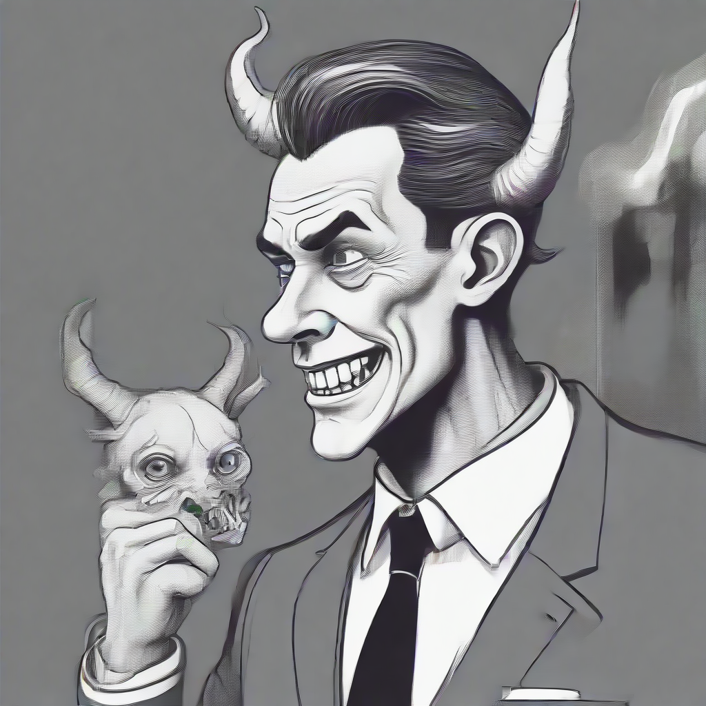 a news anchor with a demon whispering in his ear