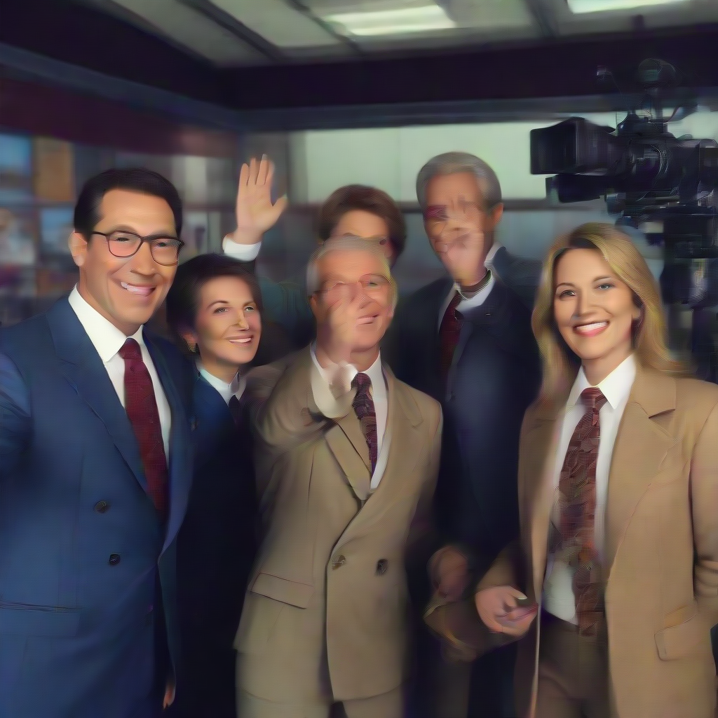 a news team waving goodbye at the camera as they go off air