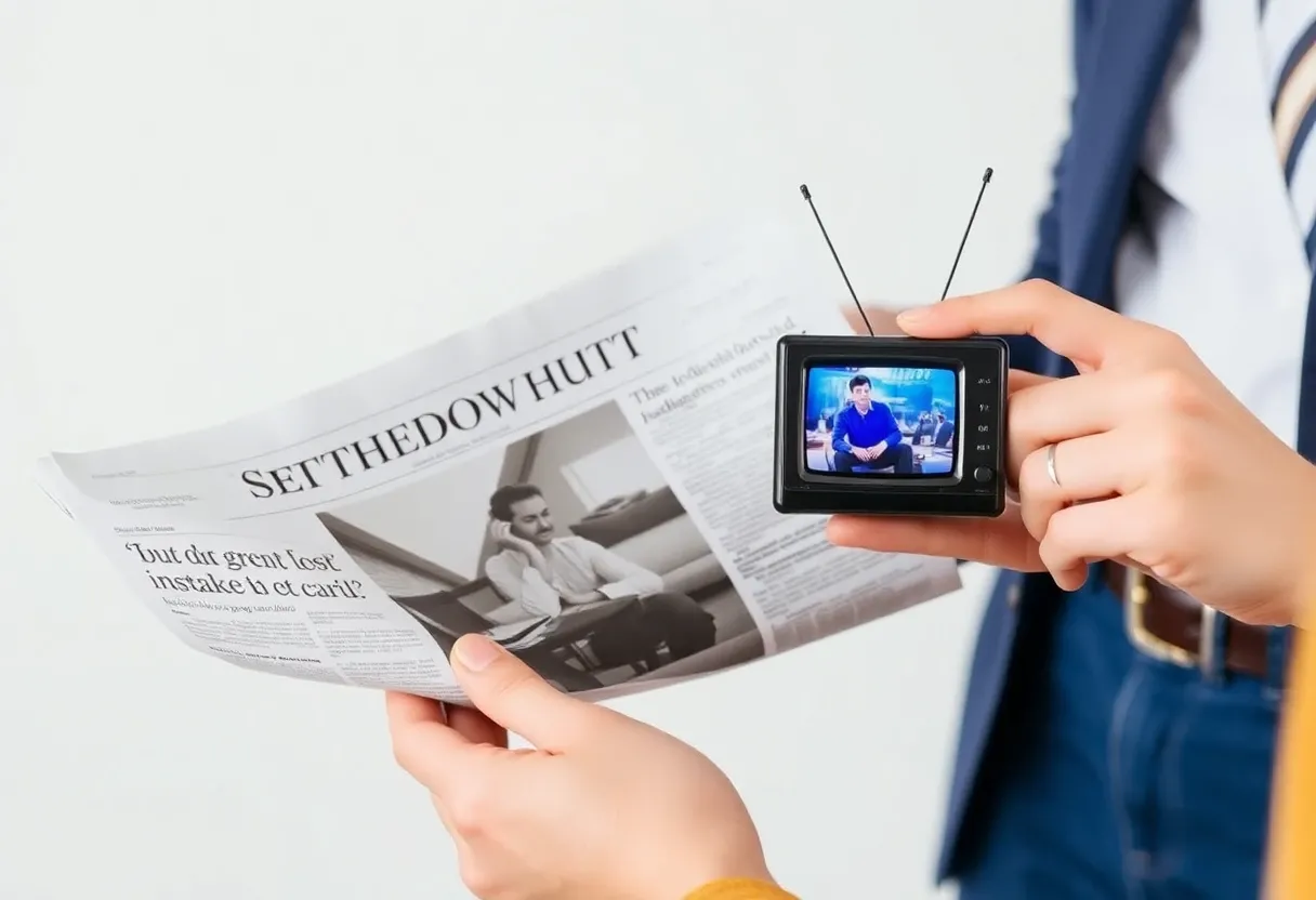 a newspaper in one hand and a tiny tv in the other