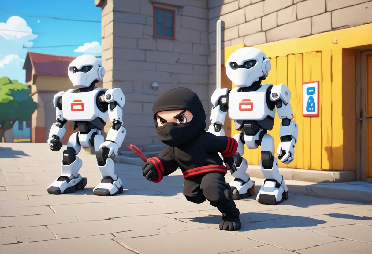 a ninja sneaking past robot guards animated