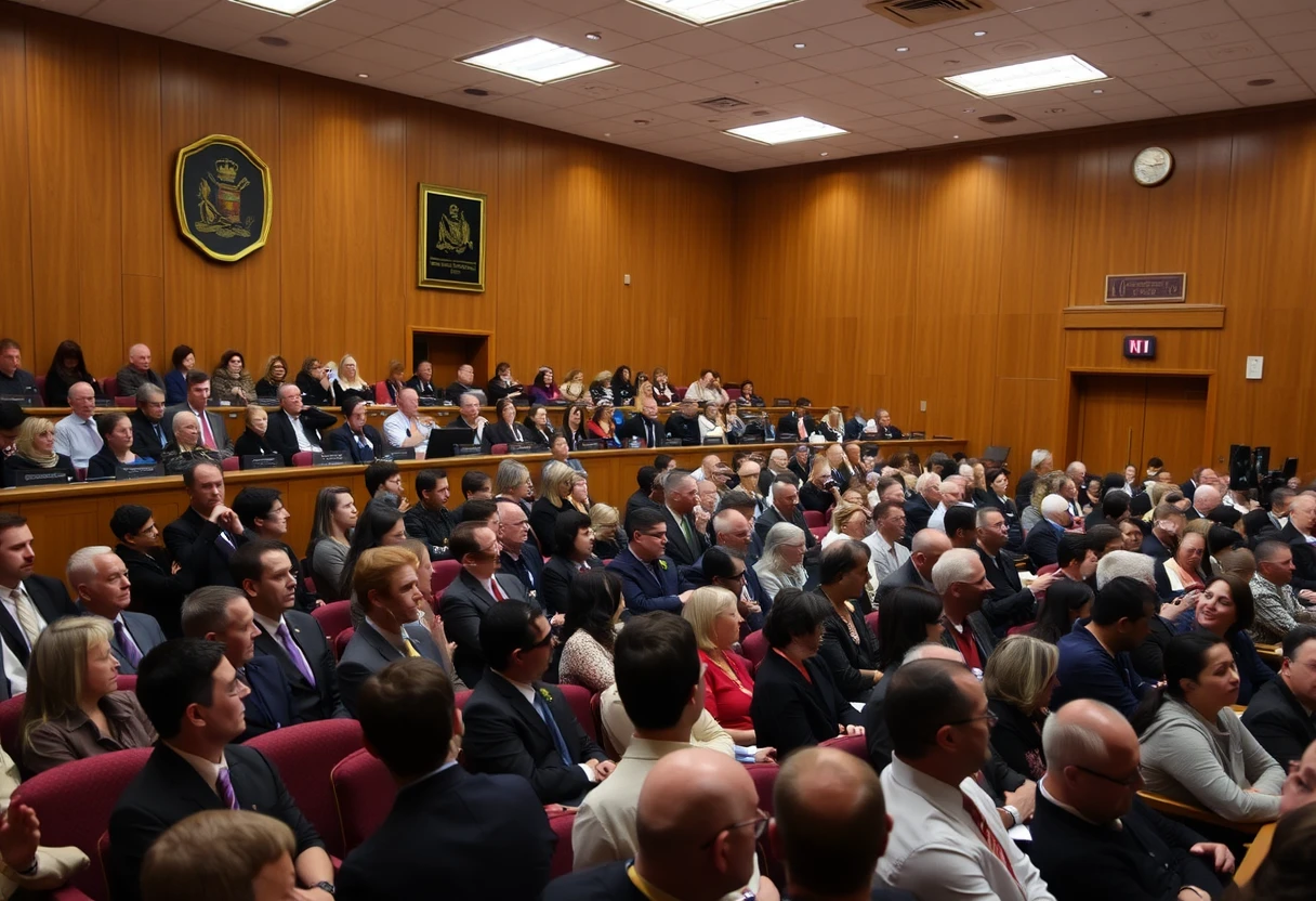 a packed crowd in a courtroom