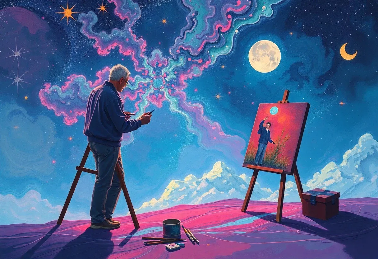 a painter painting a trippy dream