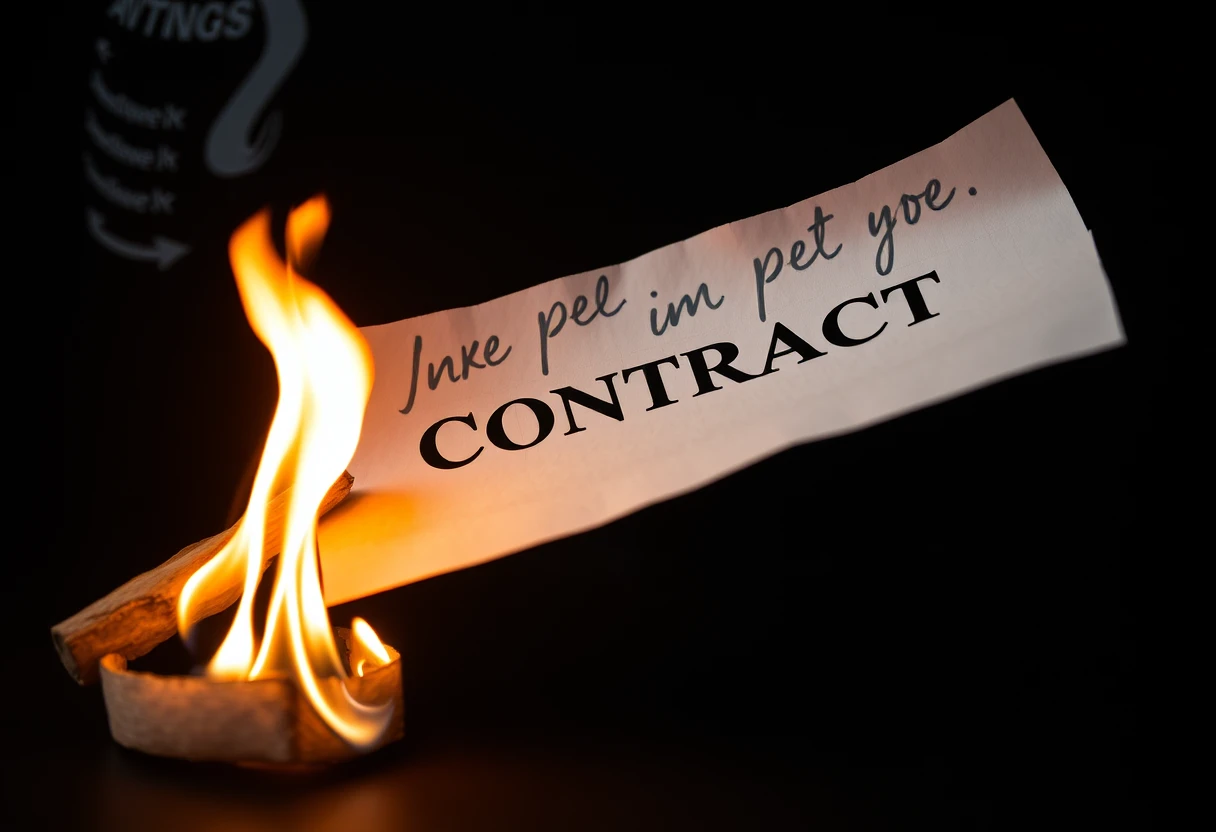 a paper contract burning in the air