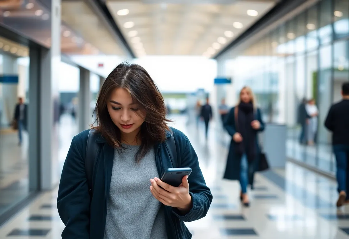 A pedestrian with a smartphone walking indoors/outdoors