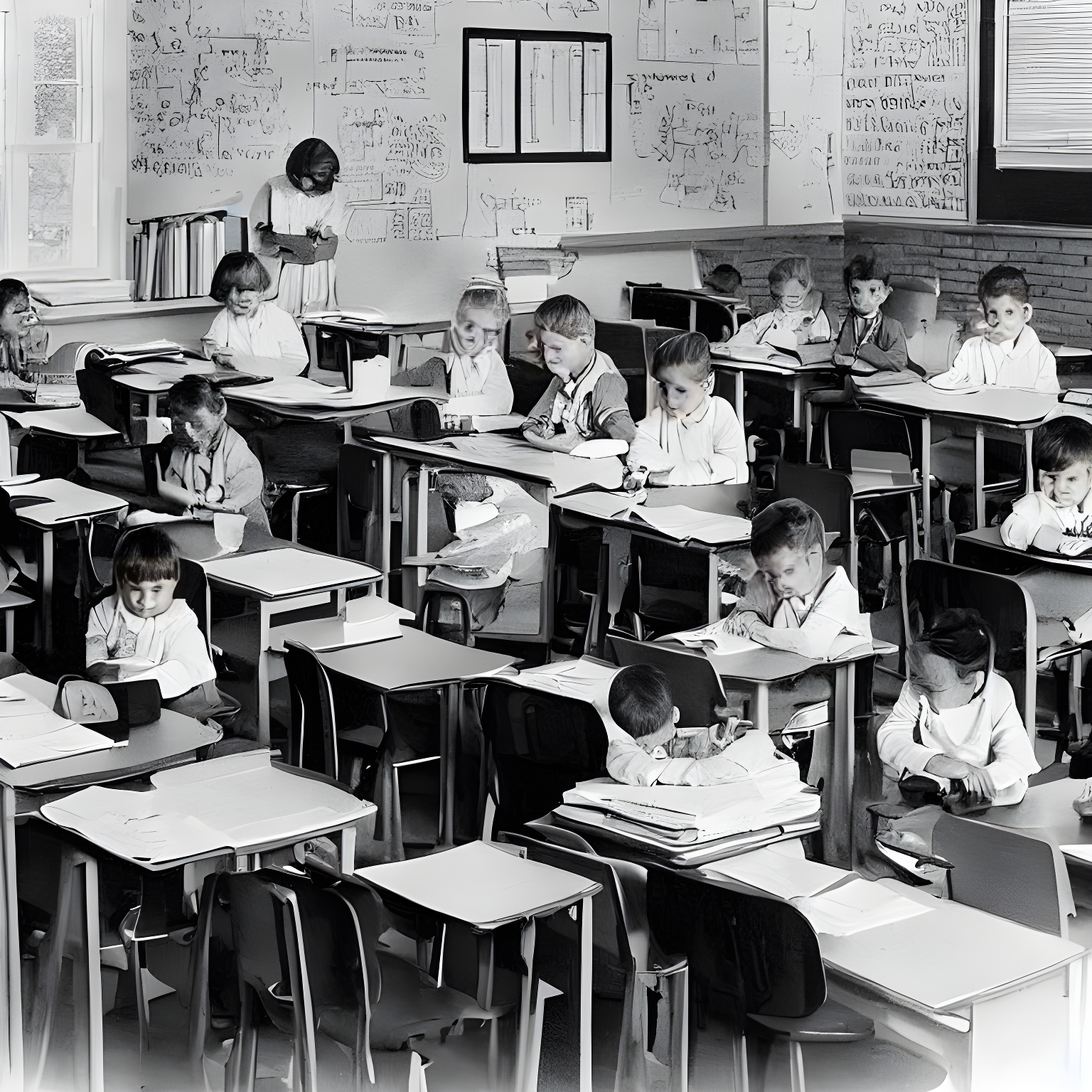 a pencil sketch of classroom kids looking towards the teacher which is an old style pc computer on a desk