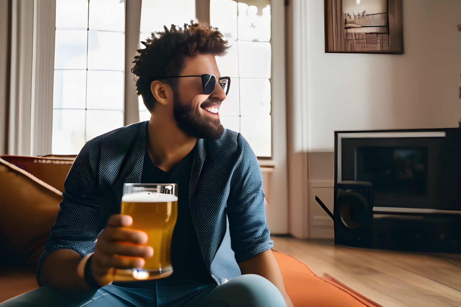 a person chilling in their home with a beer, a camera watching them