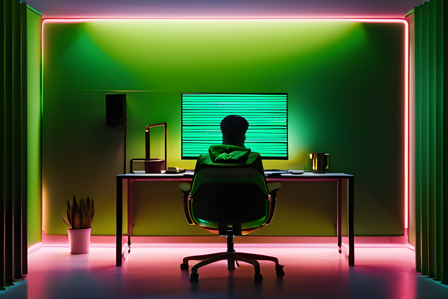 A person hunched over their monitor screen in a dimly lit green room