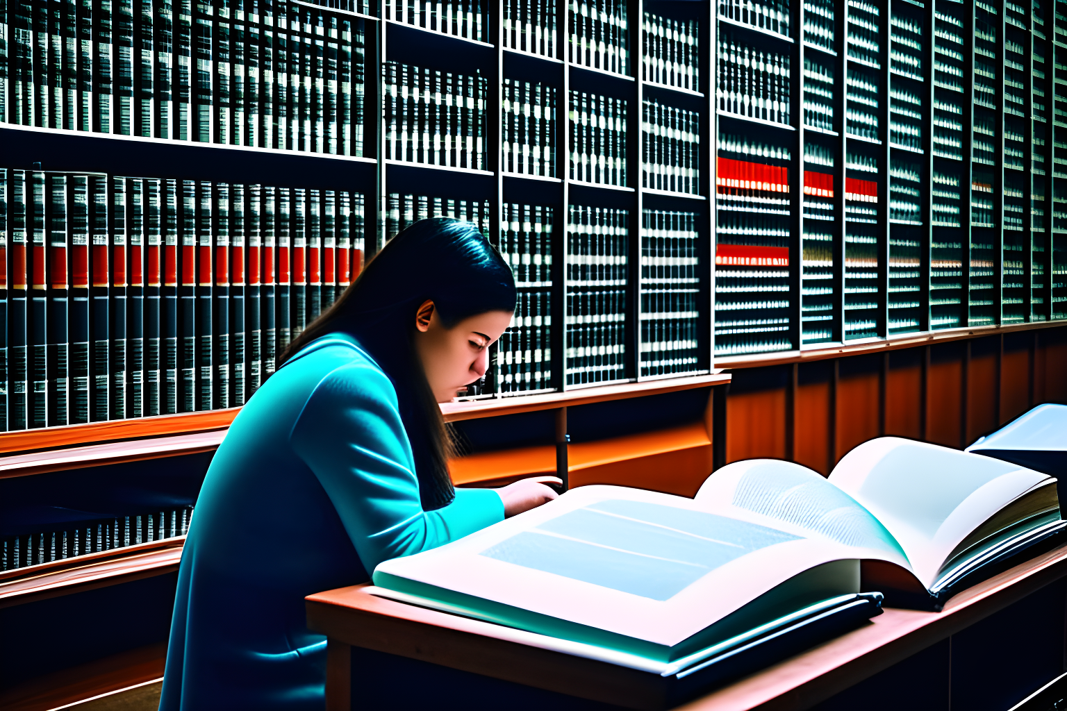 a person reading academic journals in a library facefoward