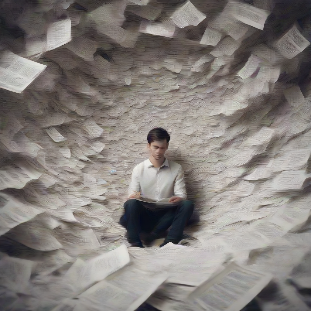 a person sitting down in the middle of a whirlwind of papers