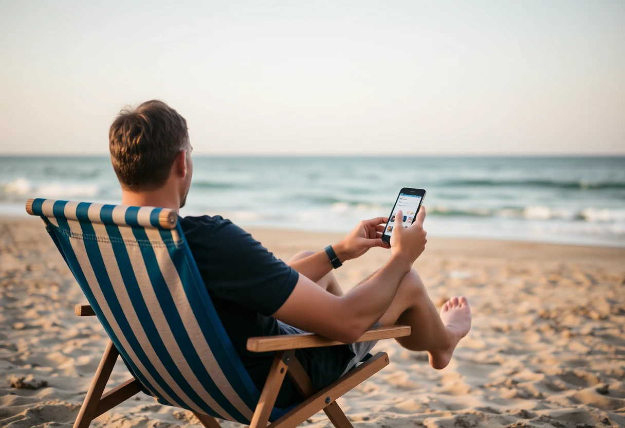 A person sitting on the chair at the beach scrolling his social feed on the mobile phone