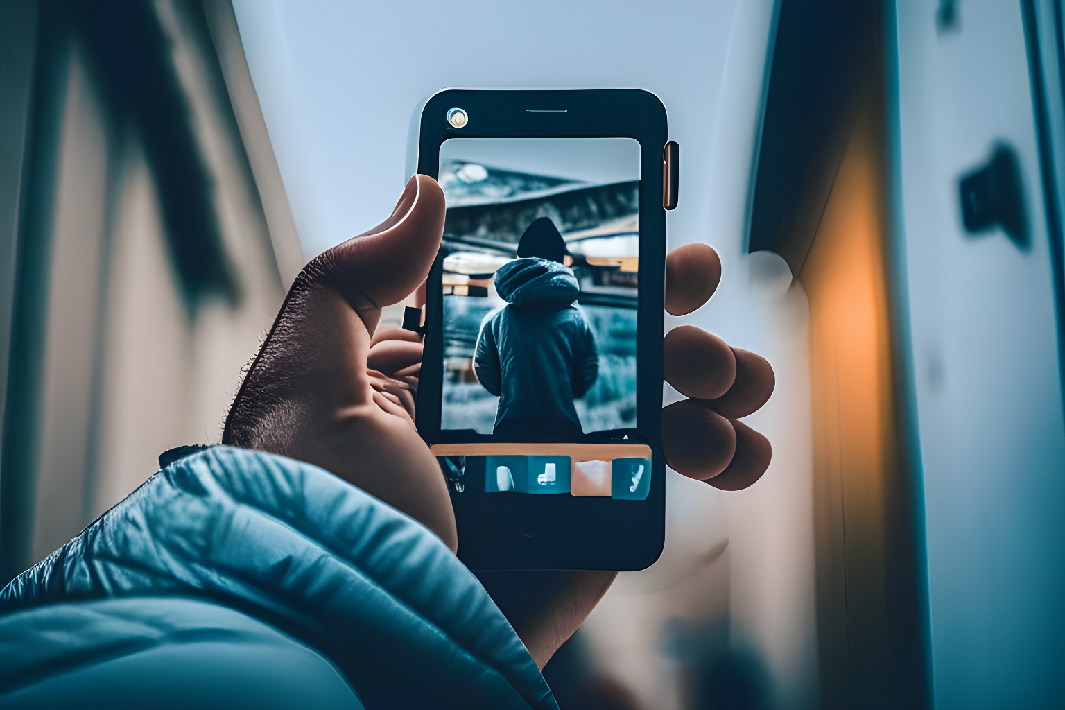 a person trying different apps over their phone, from over the shoulder angle