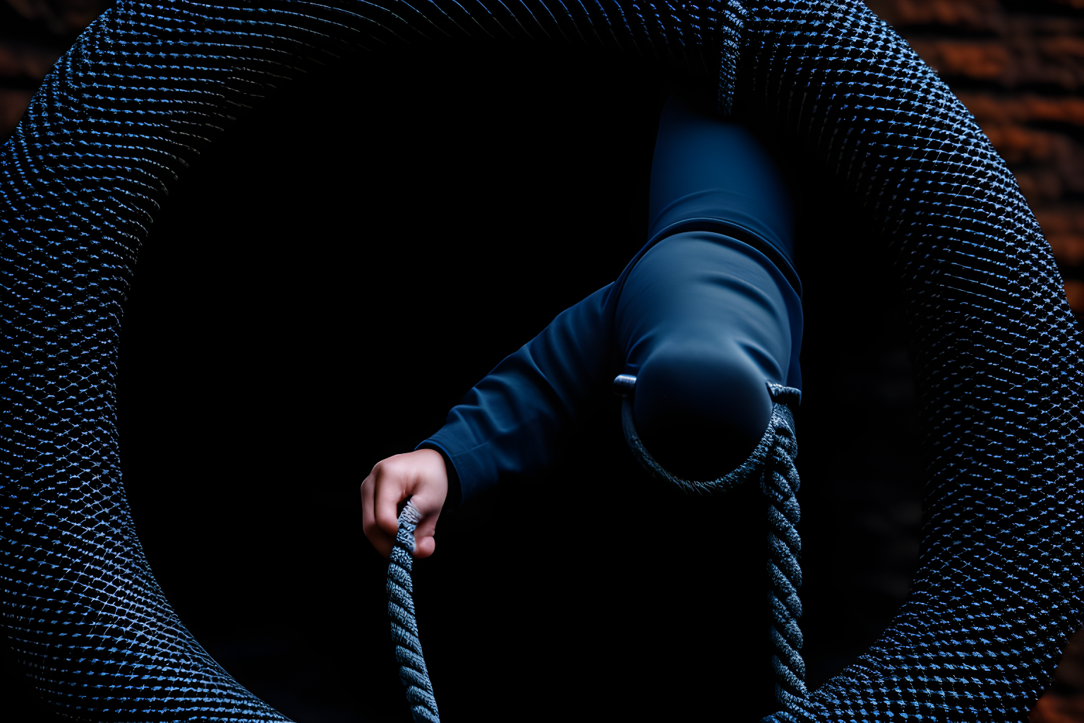 a person using a rope to climb out of a hole